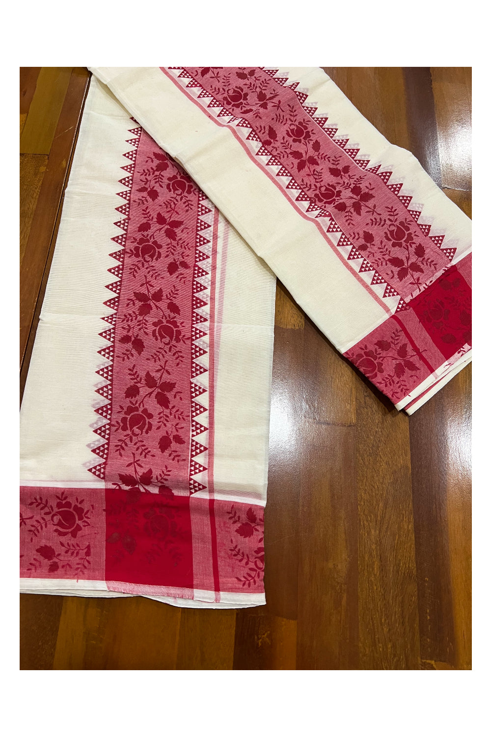 Kerala Cotton Set Mundu (Mundum Neriyathum) with Red Floral Temple Block Prints on Border