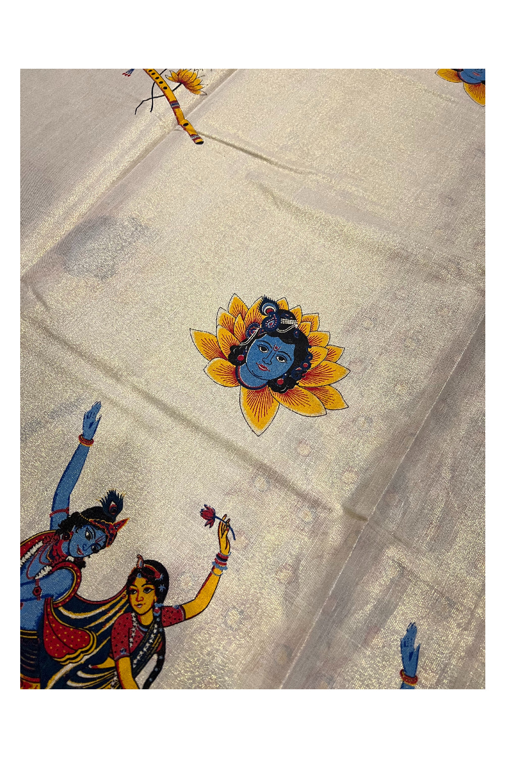 Kerala Tissue Kasavu Saree With Mural Krishna Radha Design and Printed Running Blouse Piece