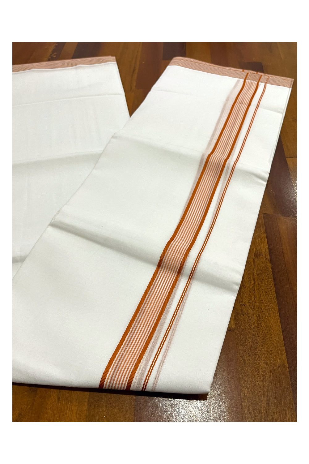 Pure White Cotton Double Mundu with Orange Lines Border (South Indian Dhoti)