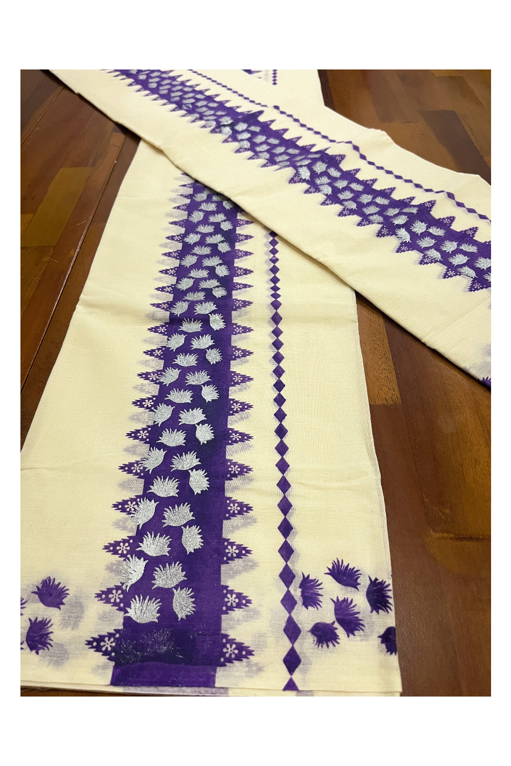 Kerala Cotton Single Set Mundu (Mundum Neriyathum) with Violet Block Prints on Border