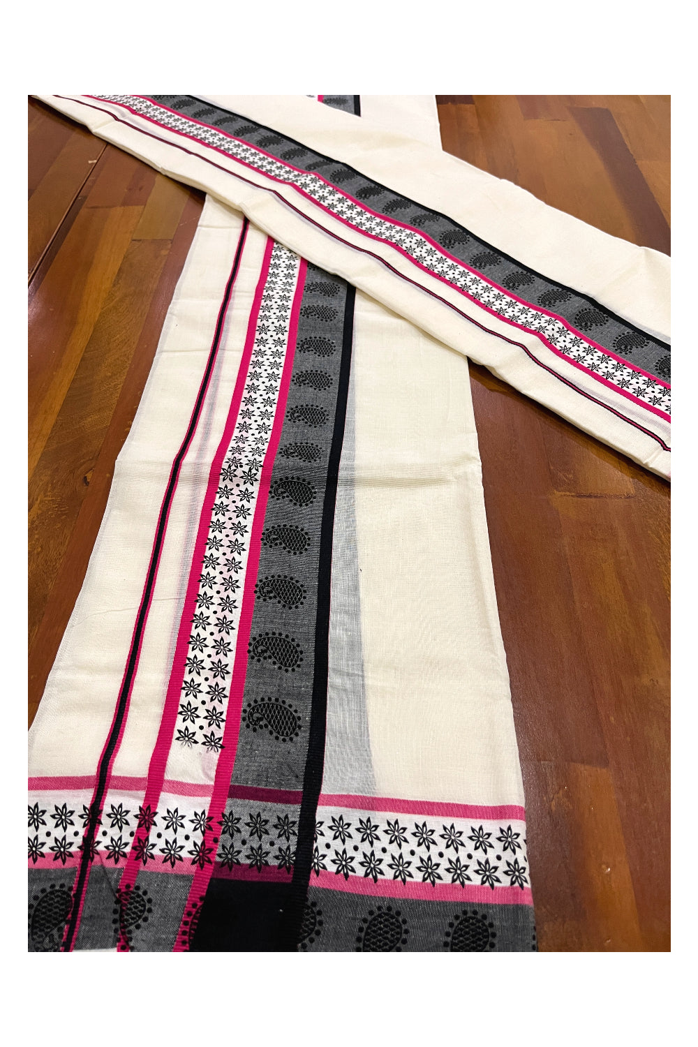 Kerala Cotton Single Set Mundu (Mundum Neriyathum) with Red Black Block Prints on Border