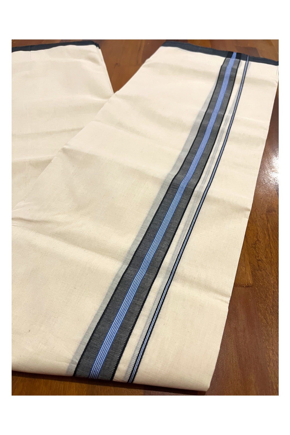 Southloom Premium Handloom Double Mundu with Black and Blue Border