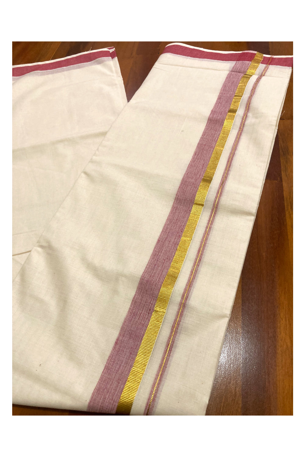 Pure Cotton Off White Double Mundu with Red and Kasavu Border (South Indian Dhoti)