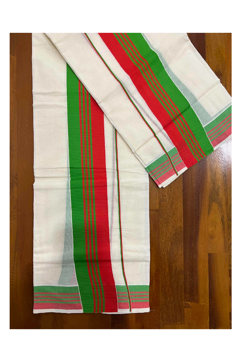 Kerala Cotton Mundum Neriyathum Single (Set Mundu) with Red and Green Border
