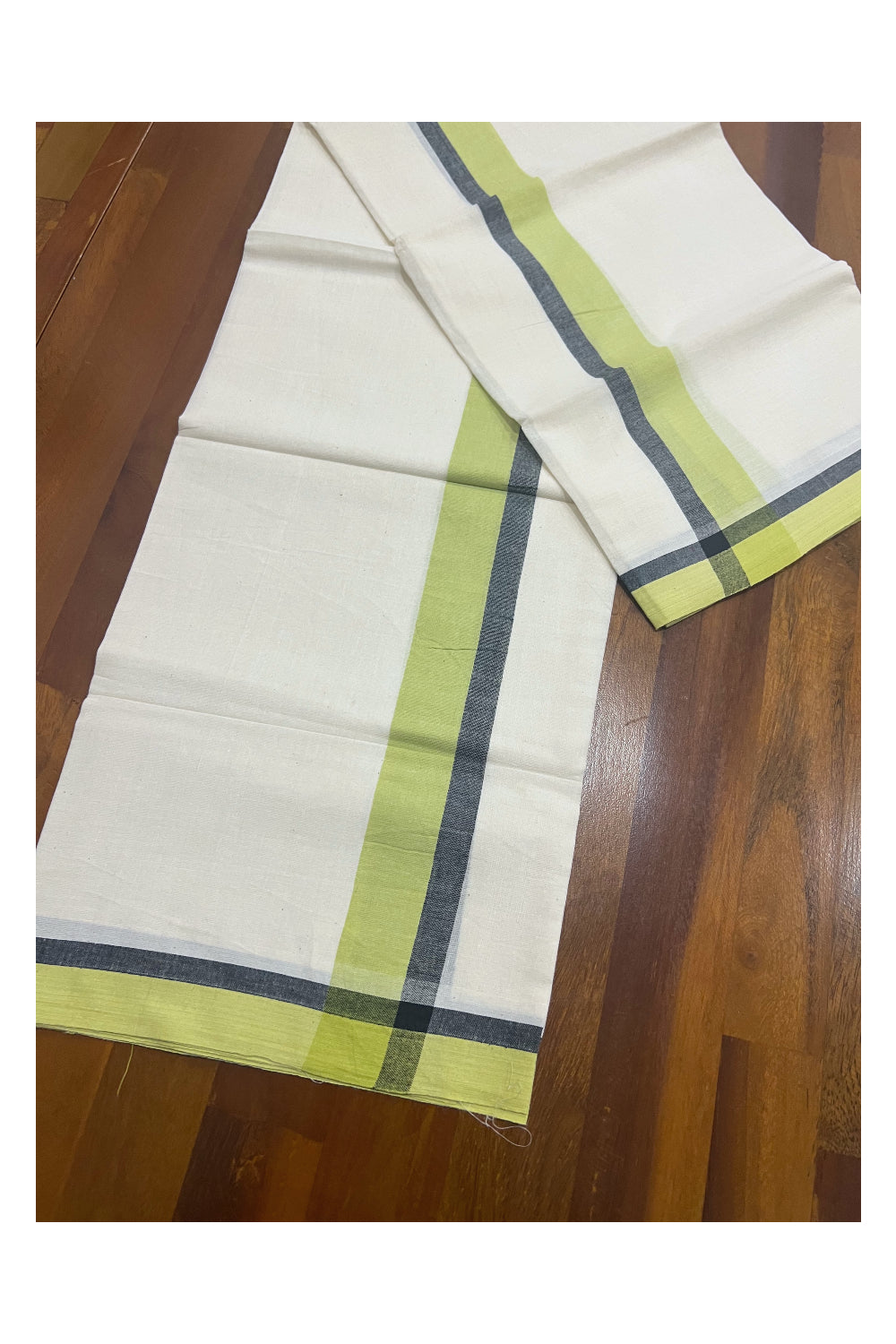 Kerala Cotton Mundum Neriyathum Single (Set Mundu) with Light Green and Black Mulloth Border (Extra Soft Cotton)