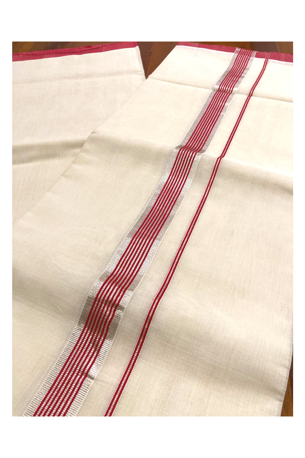 Southloom Premium Handloom Pure Cotton Mundu with Red and Silver Kasavu Border (South Indian Dhoti)