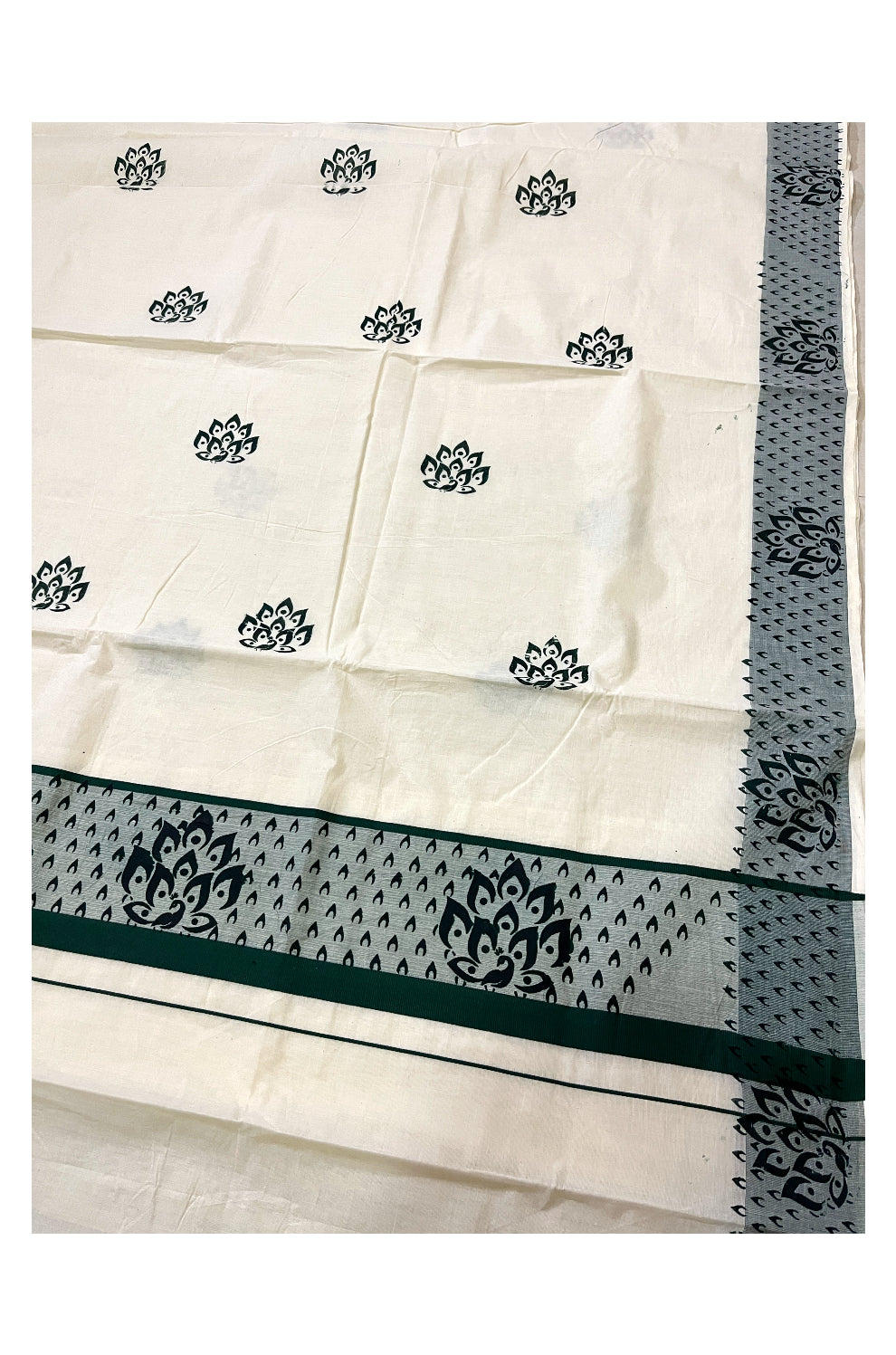 Pure Cotton Off White Kerala Saree with Green Block Prints on Border