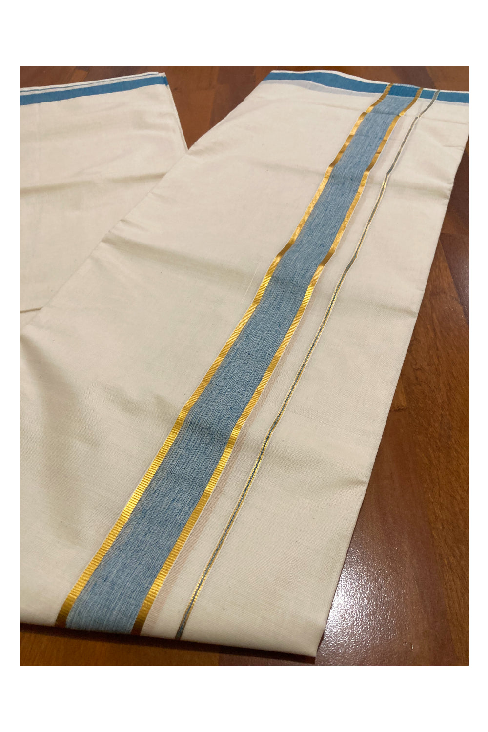 Pure Cotton Double Mundu with Blue and Kasavu Border (South Indian Dhoti)