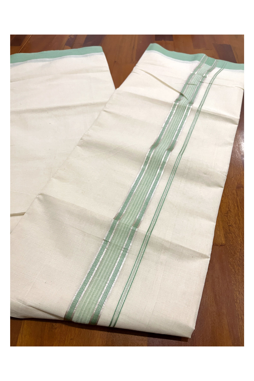 Pure Cotton Off White Double Mundu with Green and Silver Kara (South Indian Dhoti)