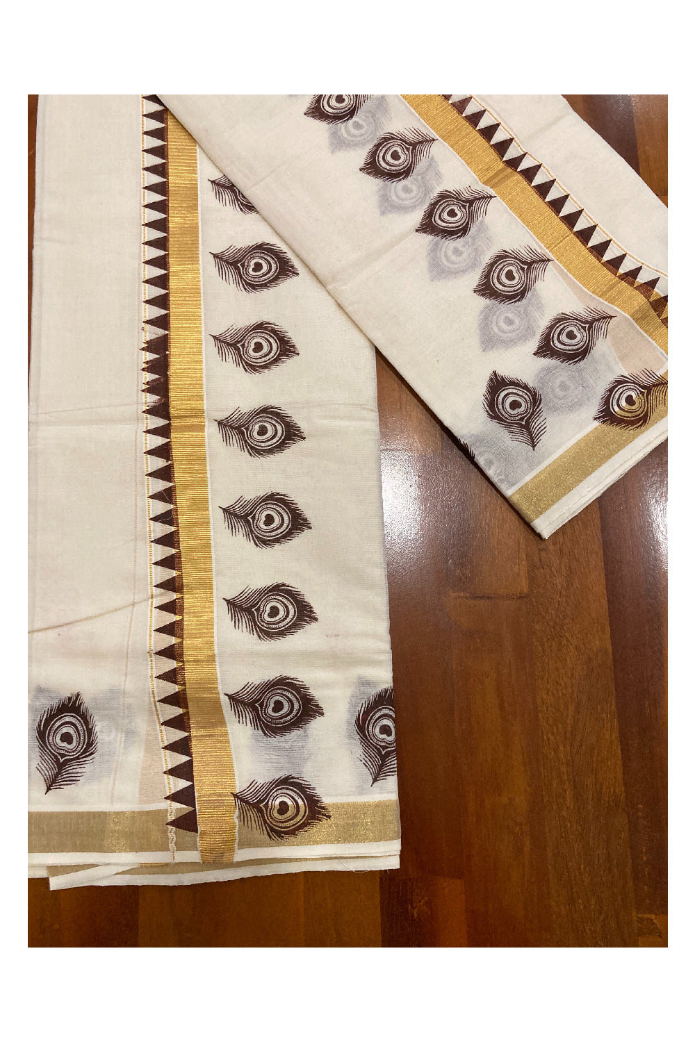 Kerala Cotton Kasavu Set Mundu (Mundum Neriyathum) with Brown Feather and Temple Block Prints on Border