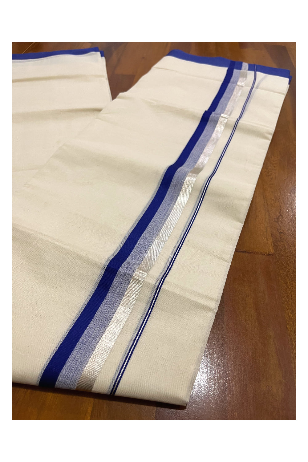 Pure Cotton Off White Double Mundu with Silver Kasavu and Blue Border (South Indian Dhoti)