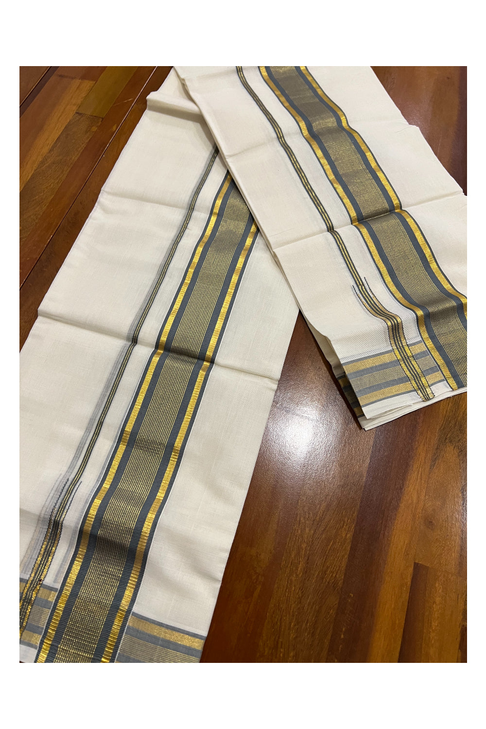 Southloom Premium Handloom Set Mundu with Kasavu and Grey Line Border 2.80 Mtrs