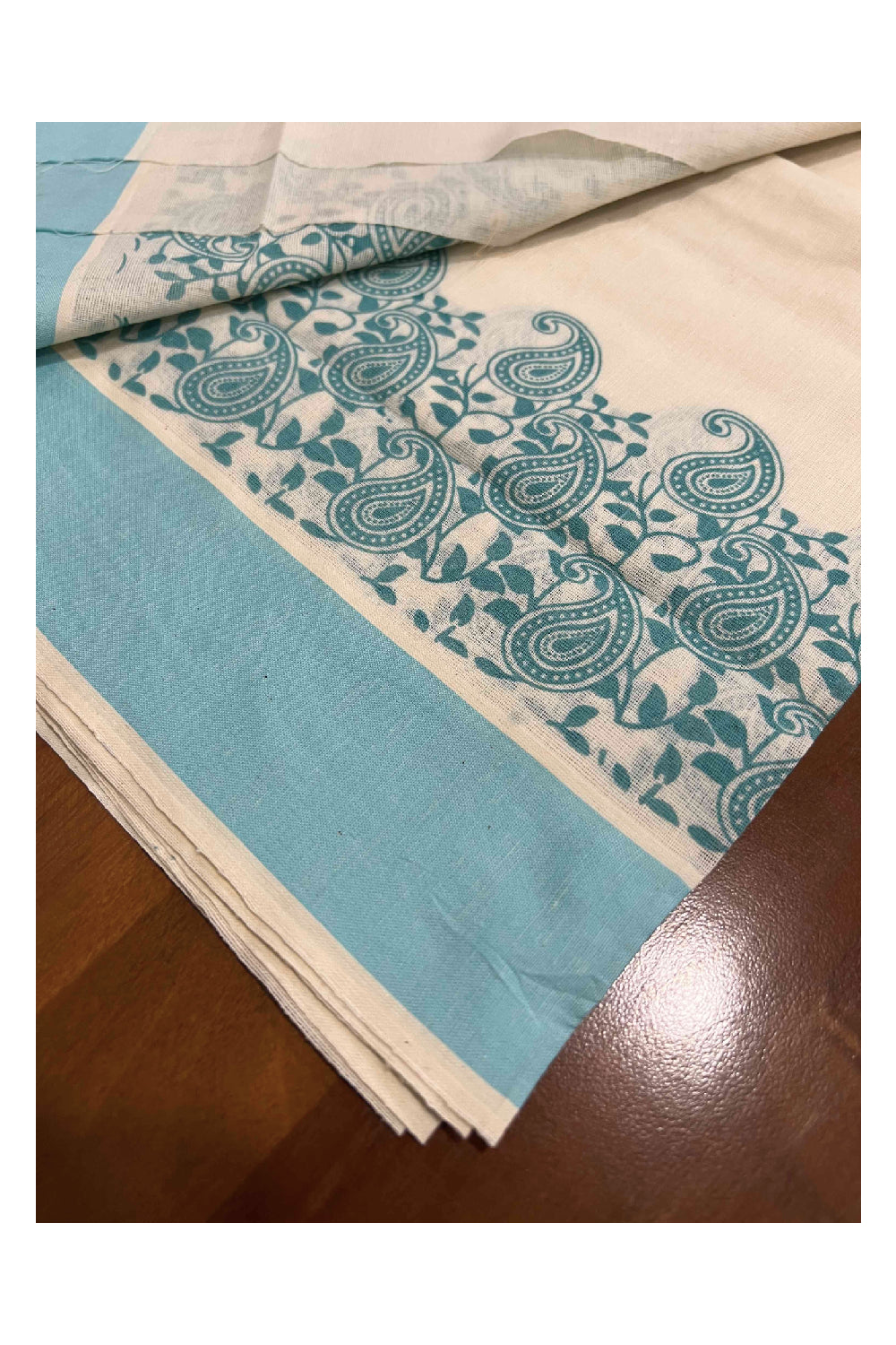 Kerala Cotton Set Mundu (Mundum Neriyathum) with Sky Blue Block Printed Border