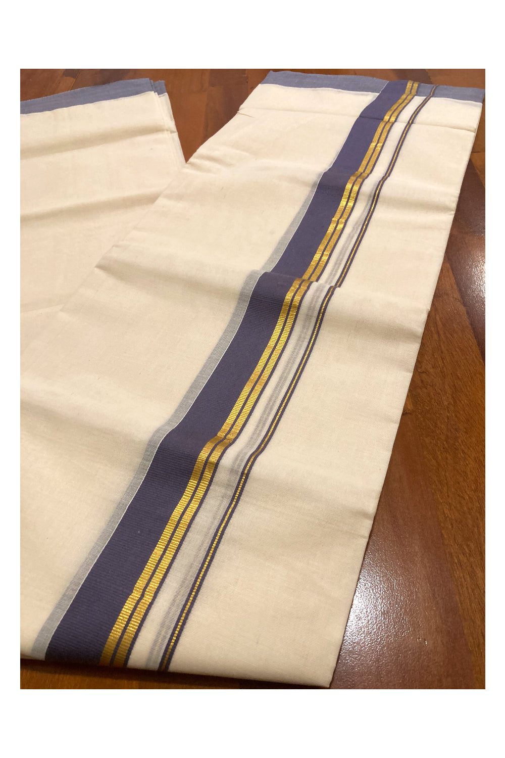 Off White Pure Cotton Double Mundu with Kasavu and Grey Border (South Indian Dhoti)