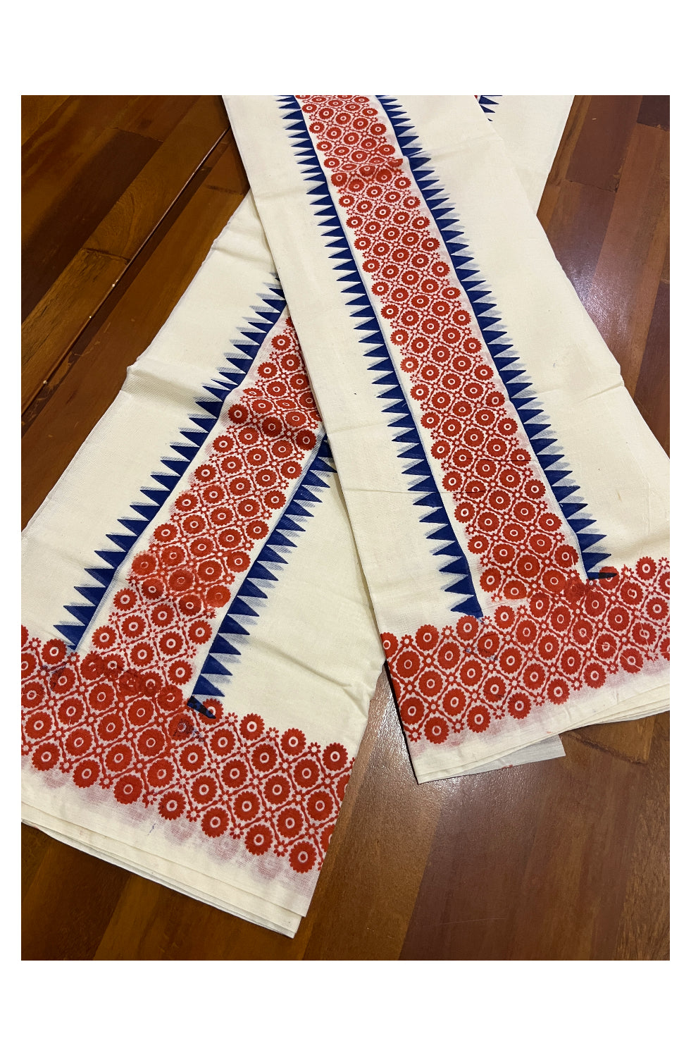 Kerala Cotton Set Mundu (Mundum Neriyathum) with Red Block Prints and Blue Temple Border