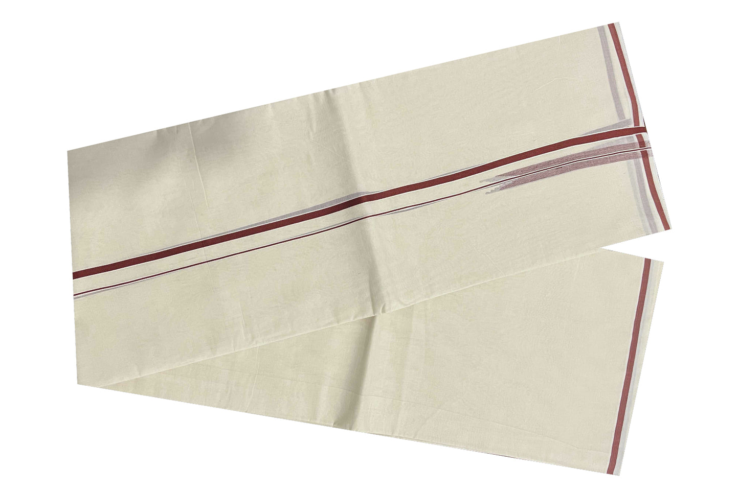 Off White Pure Cotton Double Mundu with Brick Red Puliyilakkara Border (South Indian Dhoti)