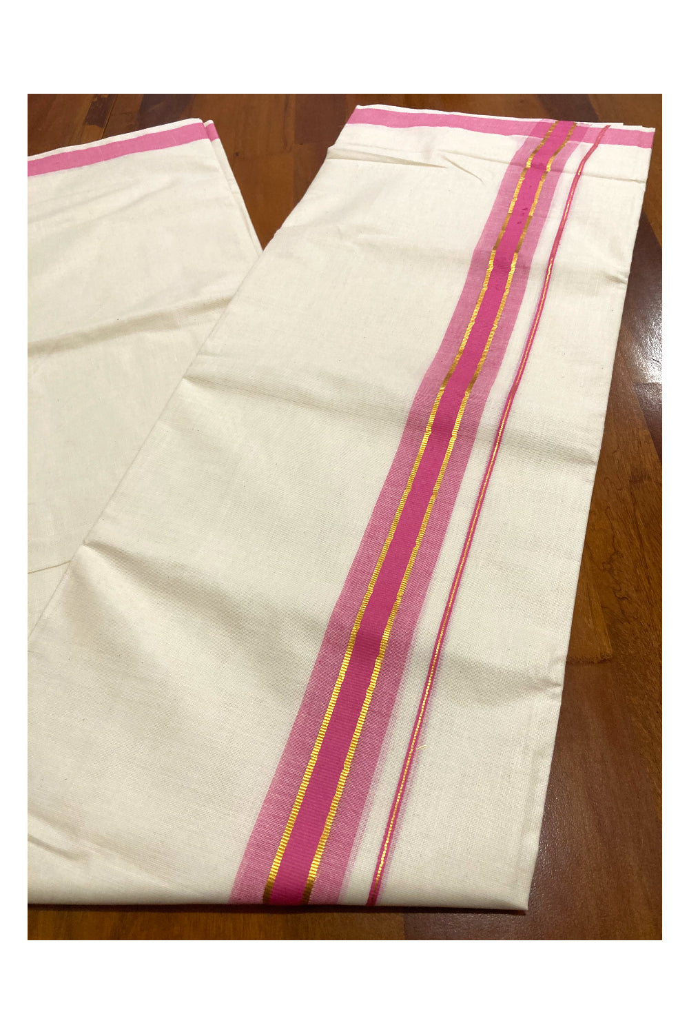 Pure Cotton Double Mundu with Pink and Kasavu Border (South Indian Dhoti)