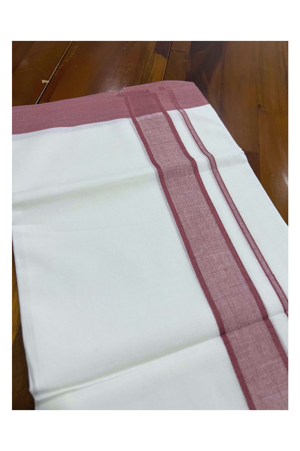 Pure White Cotton Mundu with Brick Red Kara (South Indian Dhoti)