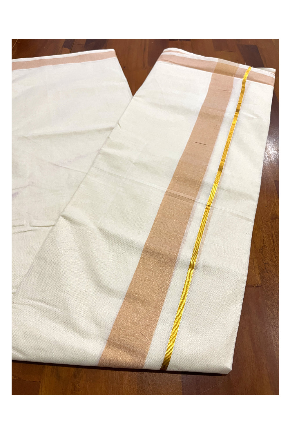 Pure Cotton Double Mundu with Kasavu Light Peach Kara (South Indian Dhoti)