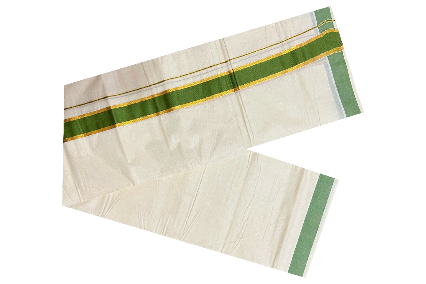 Off White Kerala Double Mundu with Kasavu and Green Border (South Indian Dhoti)