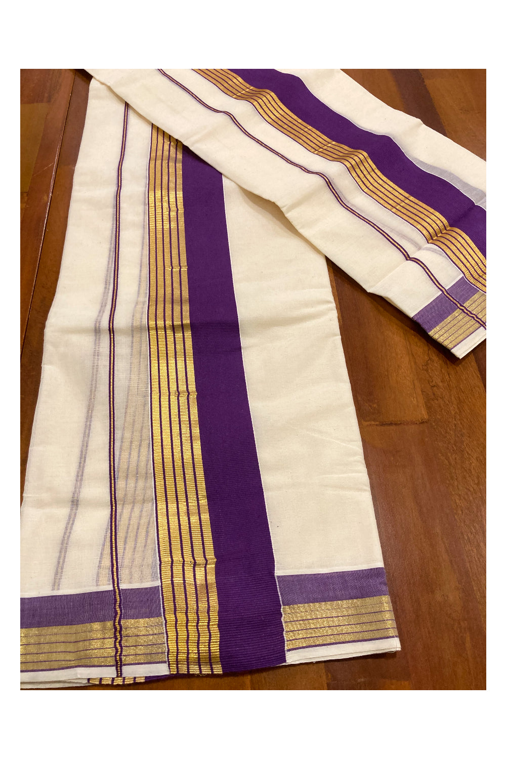 Mundum Neriyathum Double (Set Mundu) with Violet and Kasavu Border