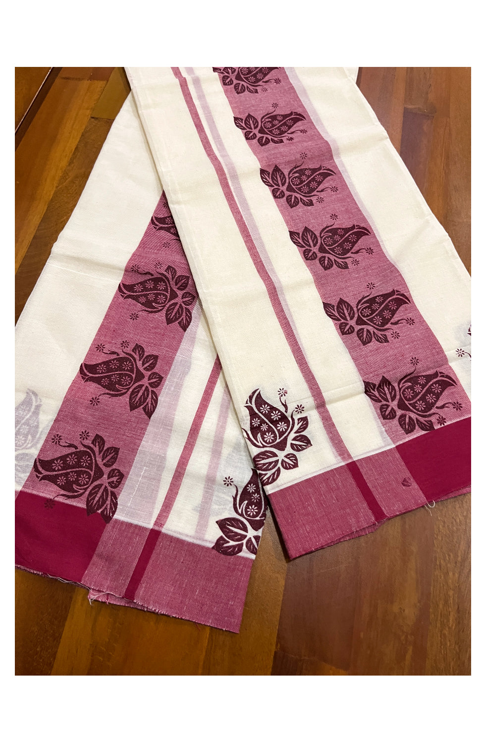 Kerala Cotton Set Mundu (Mundum Neriyathum) with Maroon Block Prints on Border