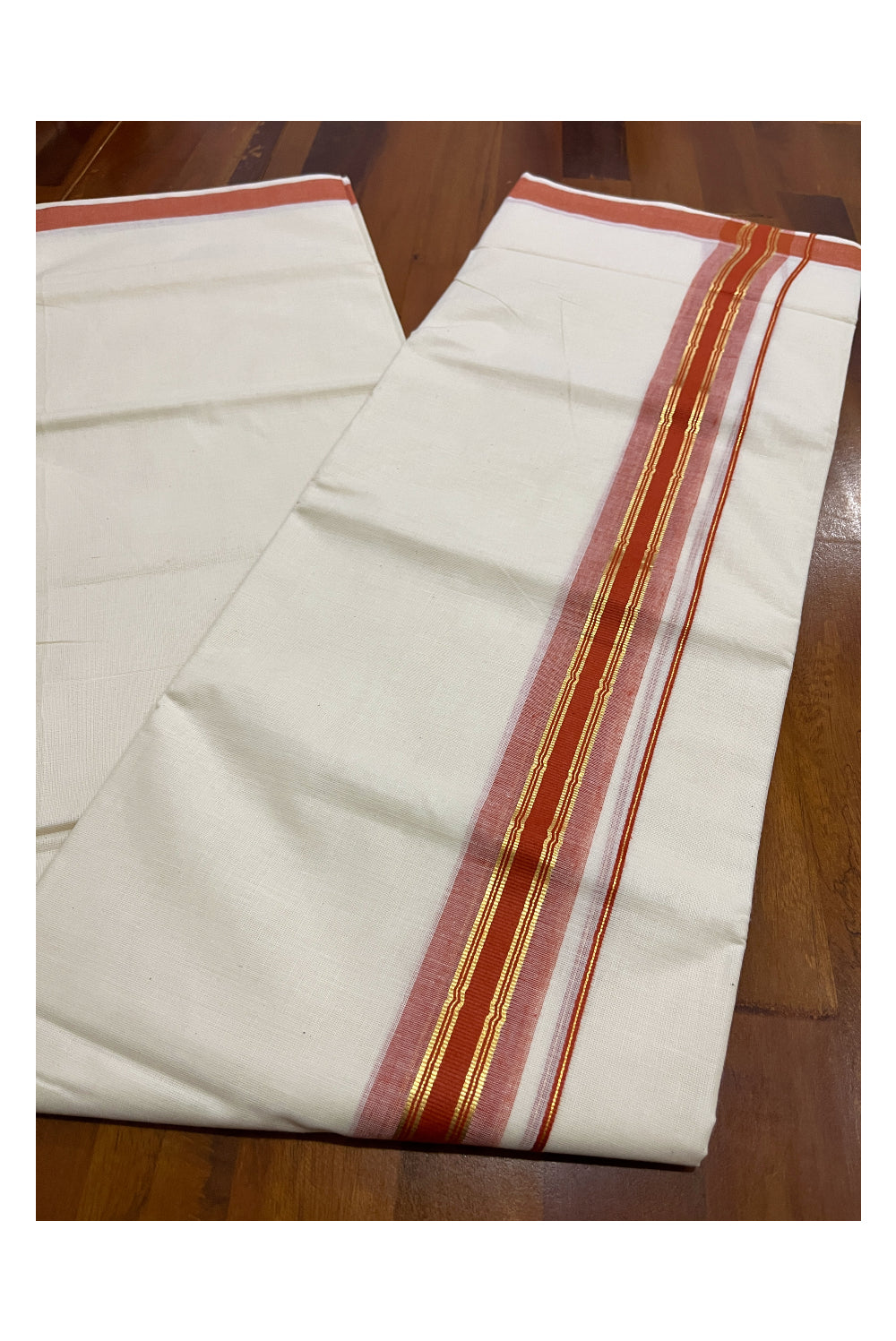 Pure Cotton Double Mundu with Kasavu Orange Kara (South Indian Dhoti)