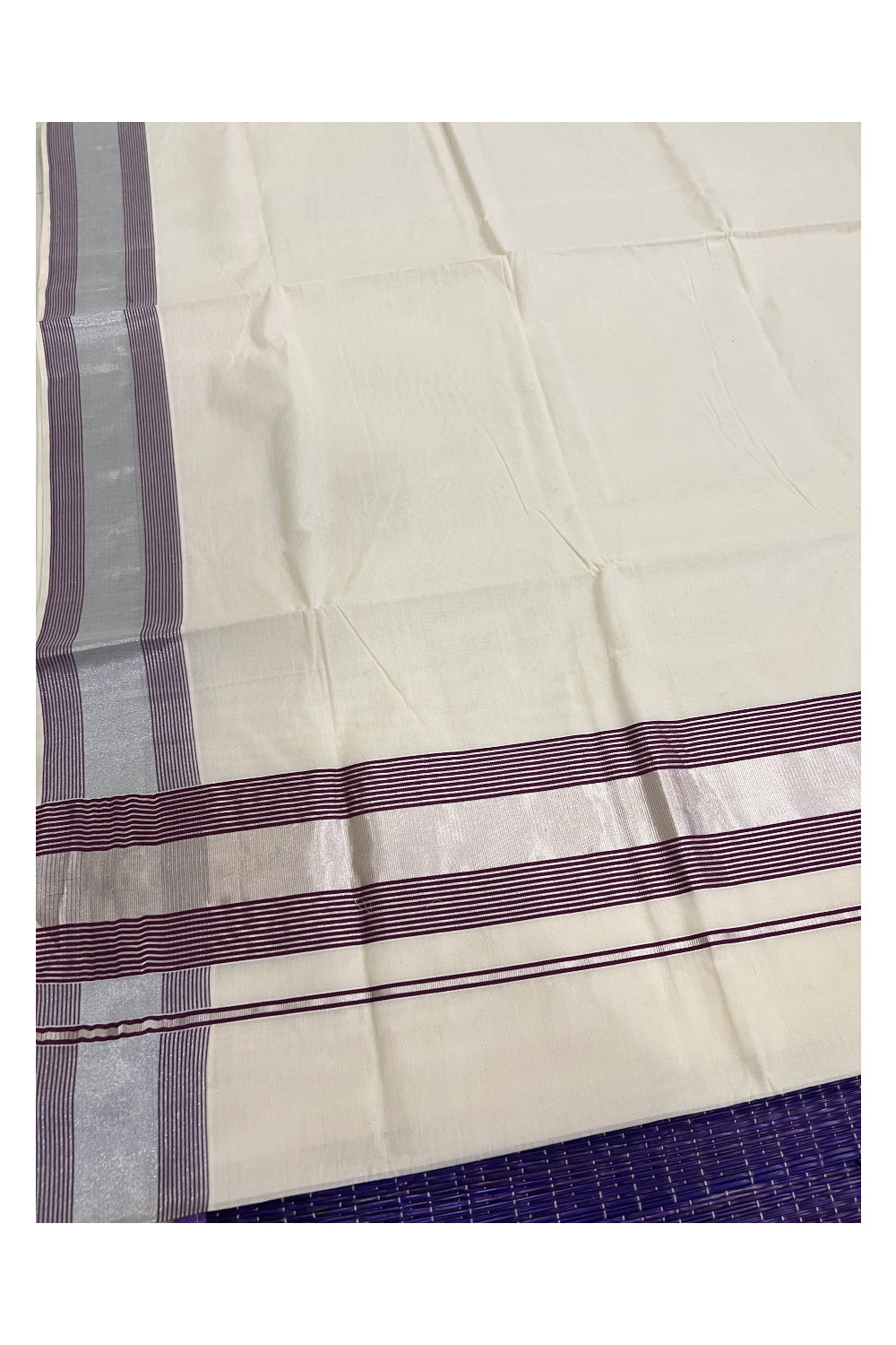 Pure Cotton Kerala Plain Saree with Silver Kasavu and Maroon Line Border