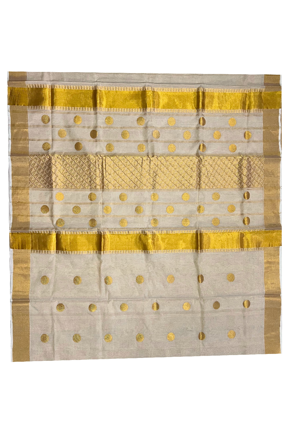 Southloom Onam 2022 Premium Handloom Tissue Kasavu Saree with Woven Polks Motifs