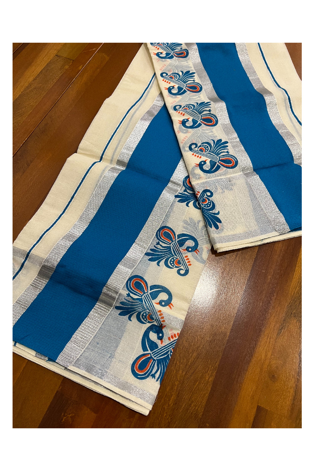 Kerala Cotton Silver Kasavu Set Mundu (Mundum Neriyathum) with Light Blue Peacock Block Print Border