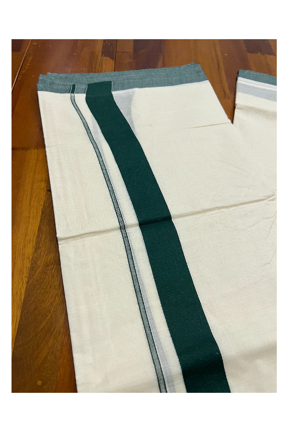 Pure Cotton Off White Double Mundu with Dark Green Border (South Indian Dhoti)