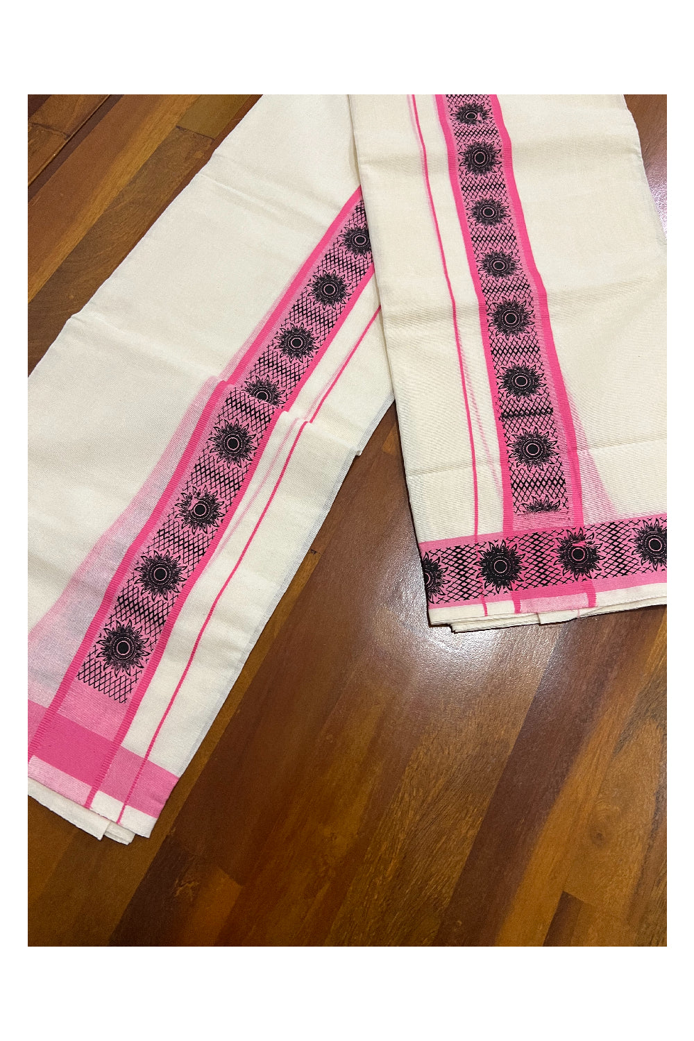 Kerala Cotton Set Mundu (Mundum Neriyathum) with Pink Floral Block Printed Border