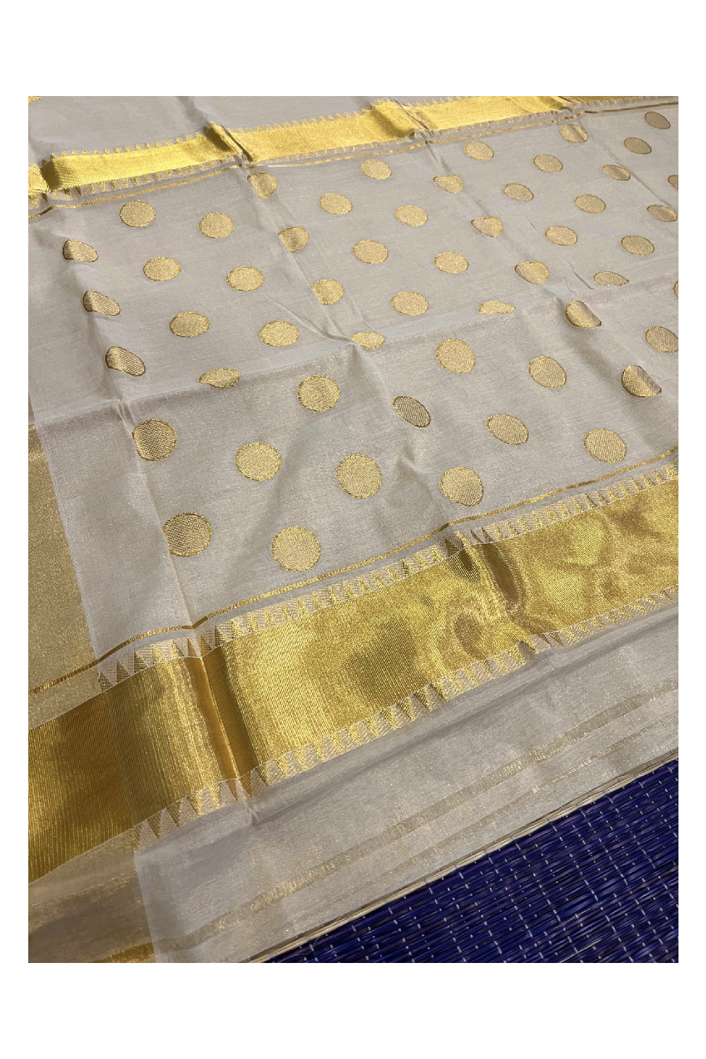 Southloom™ Original Handloom Kasavu Tissue Handwoven Polka work Saree