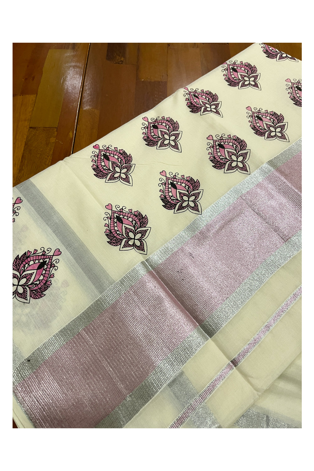 Kerala Cotton Silver and Pink Kasavu Border Saree with Block Printed Design