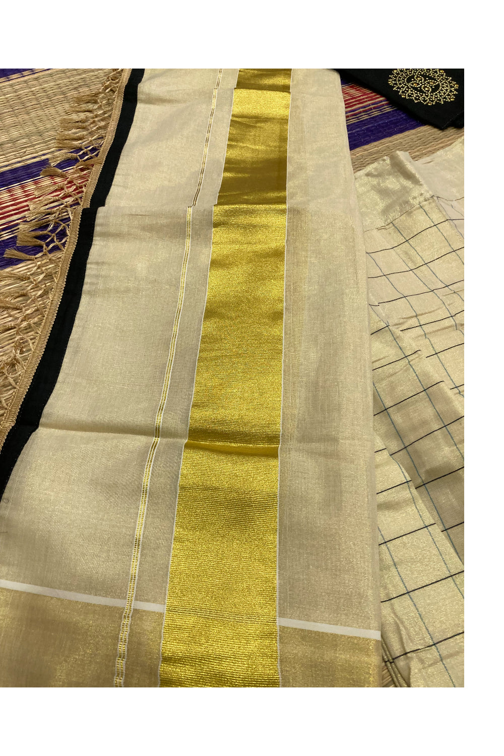 Kerala Cotton Semi Stitched Dhavani Set with Black Blue Check Design Work Pavada and Black Blouse Piece