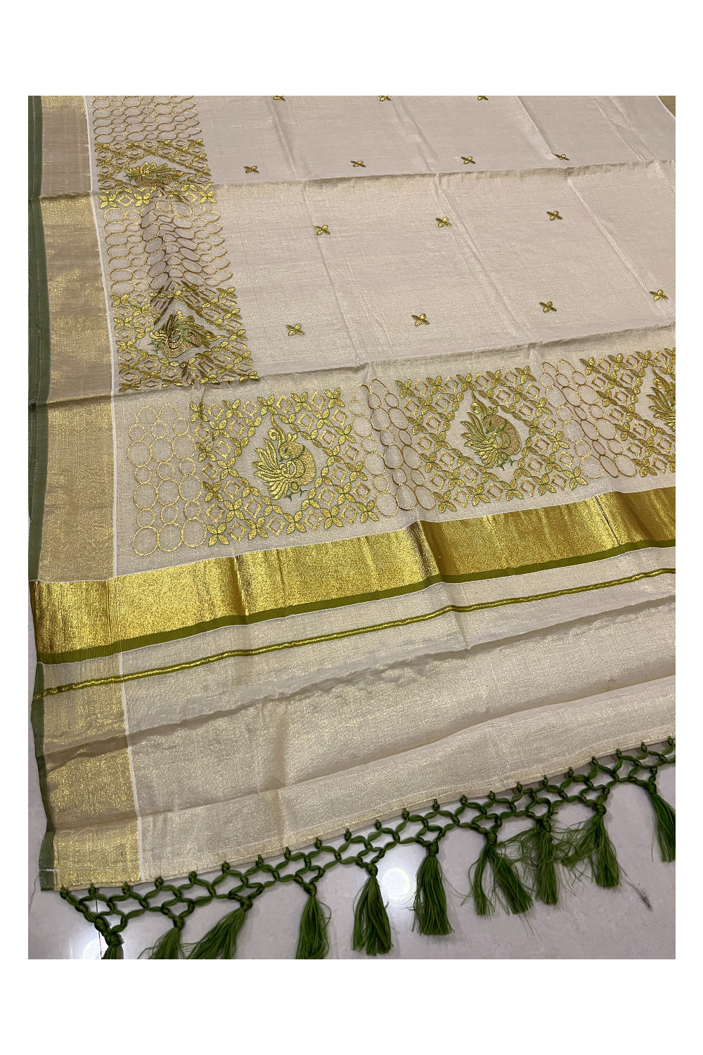 Kerala Tissue Kasavu Heavy Work Saree with Golden and Green Peacock Embroidery Design