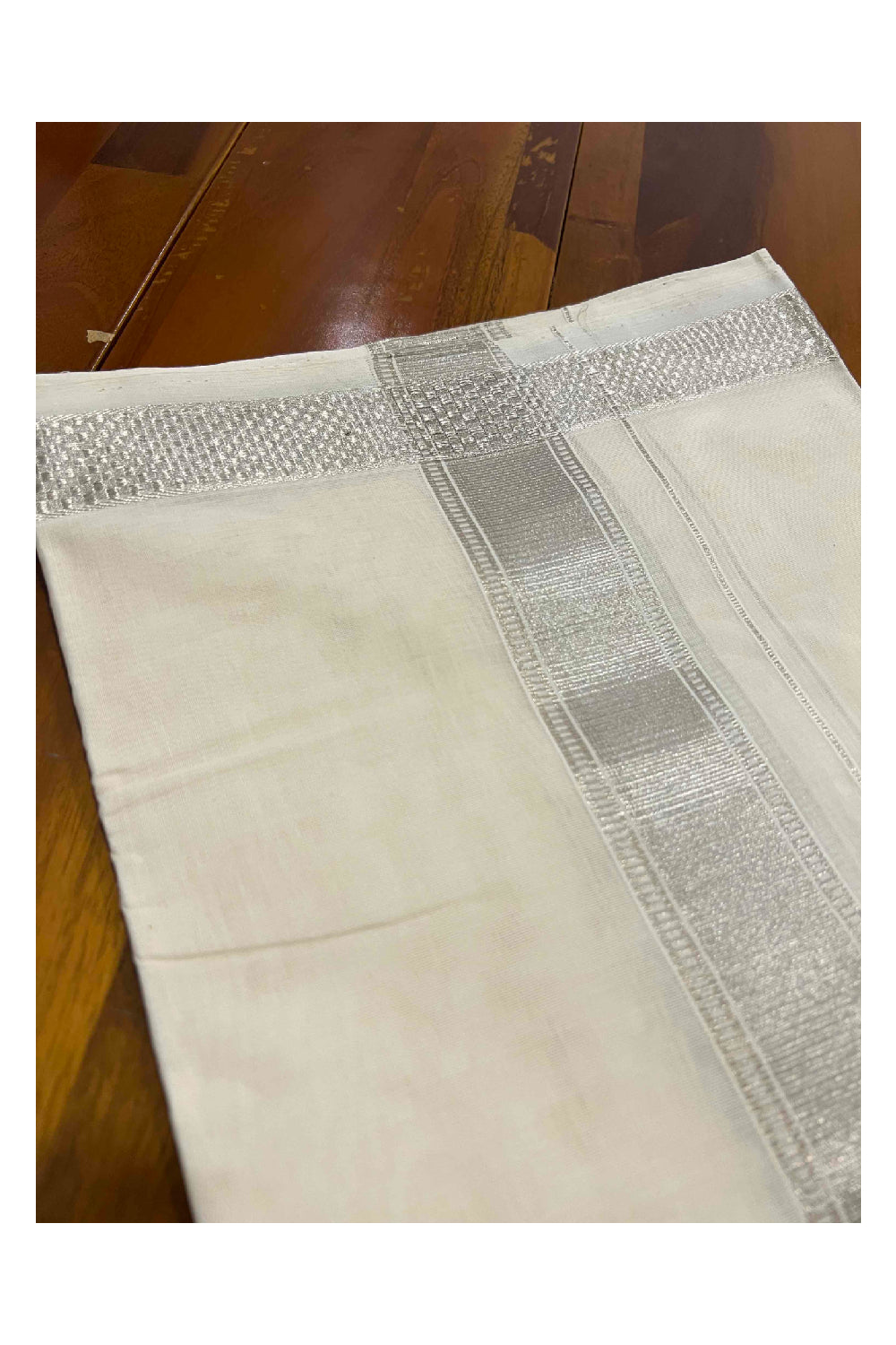 Southloom Balaramapuram Handloom Pure Cotton Mundu with Silver Kasavu Design Kara (South Indian Dhoti)