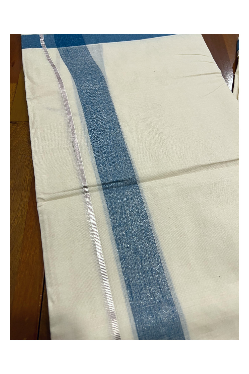 Pure Cotton Off White Double Mundu with Blue and Silver Kasavu Border (South Indian Dhoti)