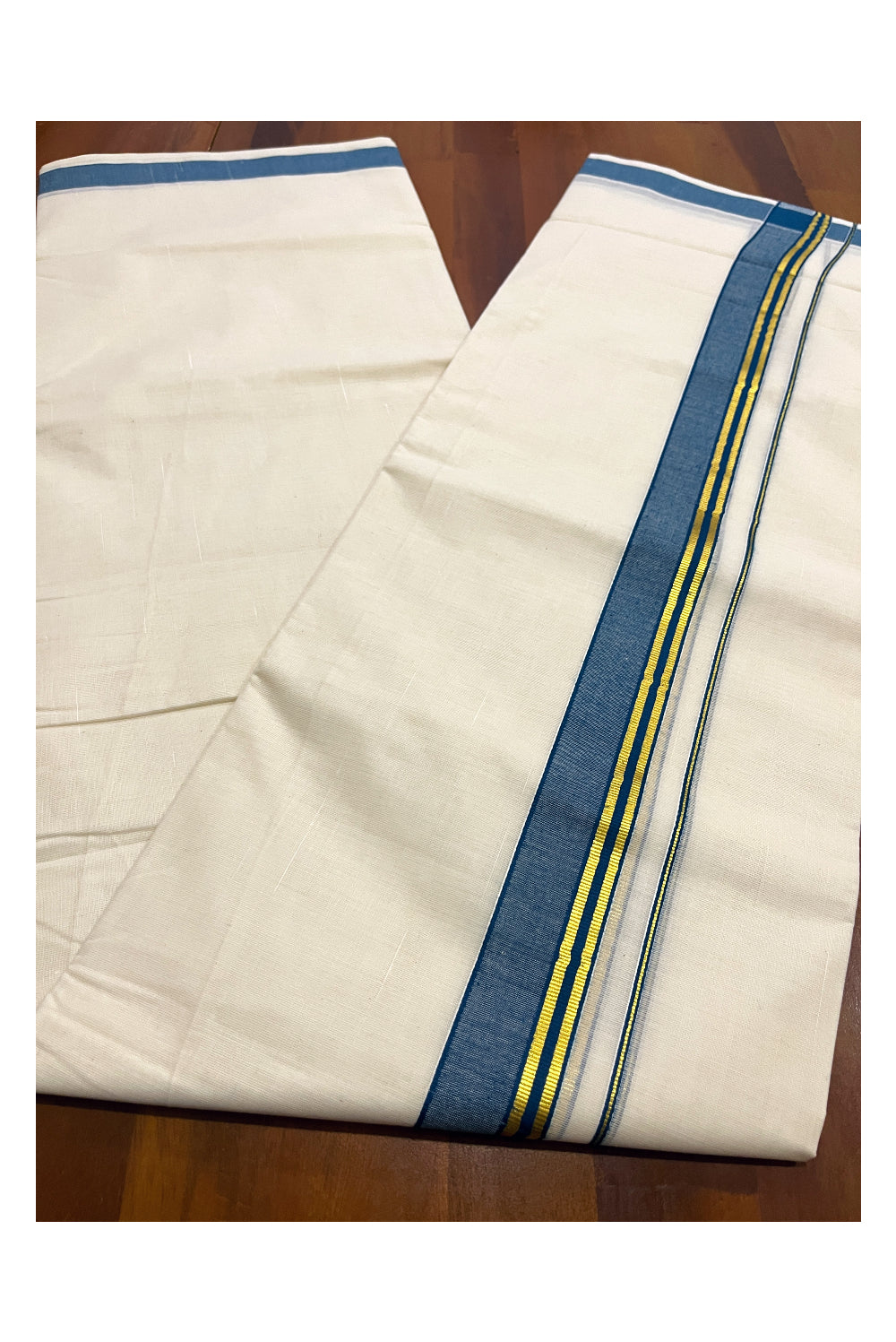 Pure Cotton Off White Double Mundu with Blue and Kasavu Kara (South Indian Dhoti)