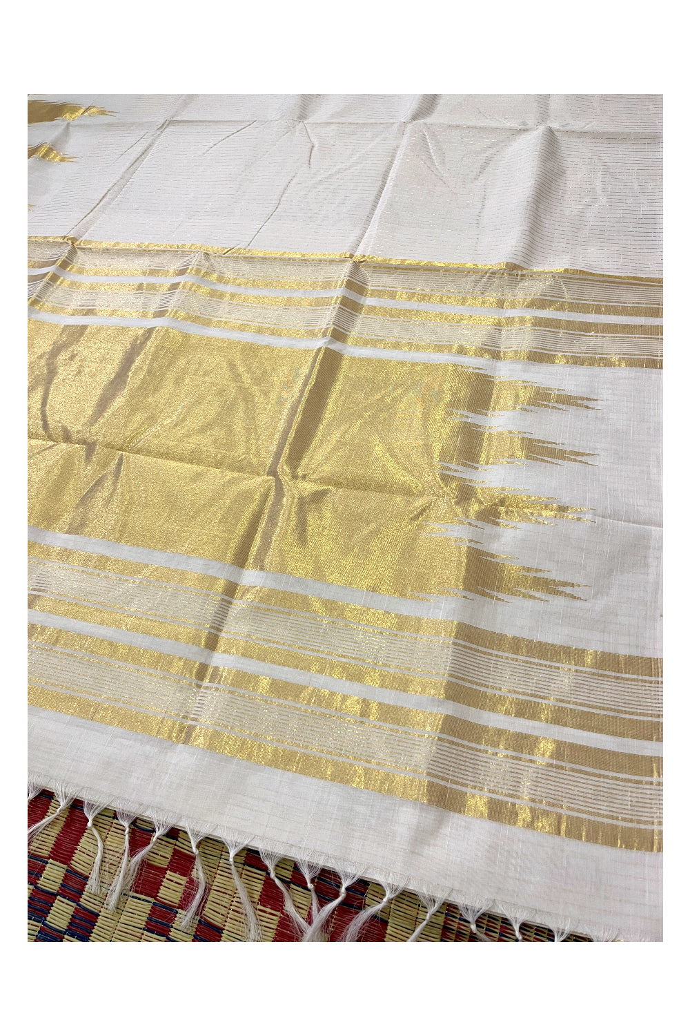 Southloom Premium Handloom Kerala Saree with Kasavu Lines Across Body and Unique Temple Design Border