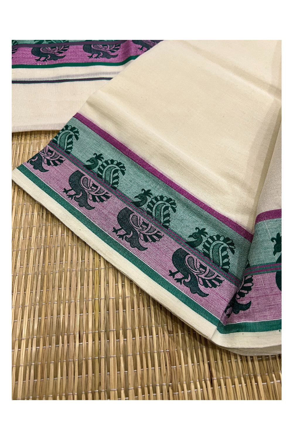 Kerala Cotton Set Mundu (Mundum Neriyathum) with Green Magenta Peacock Block Prints on Border