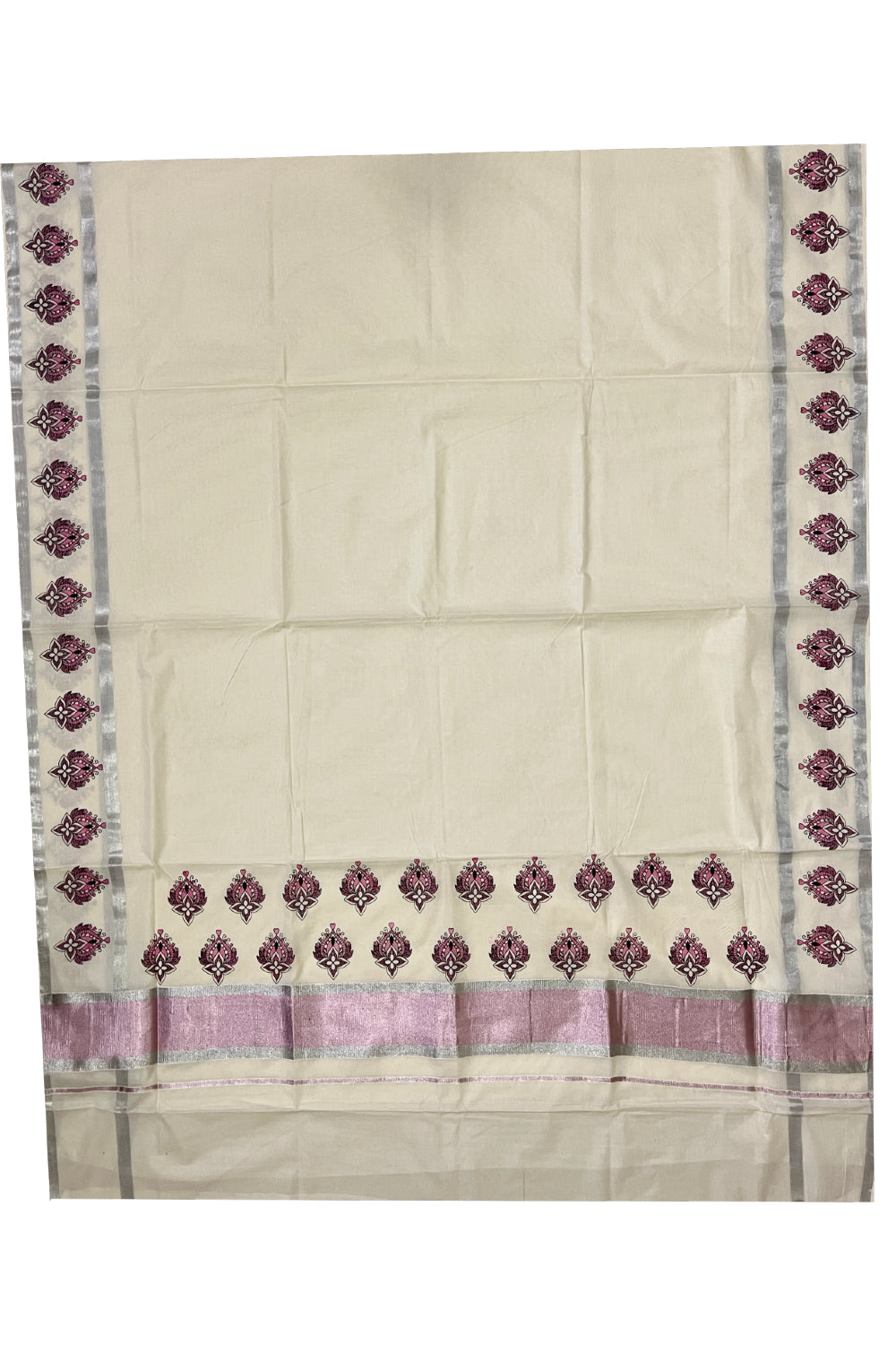 Kerala Cotton Silver and Pink Kasavu Border Saree with Block Printed Design