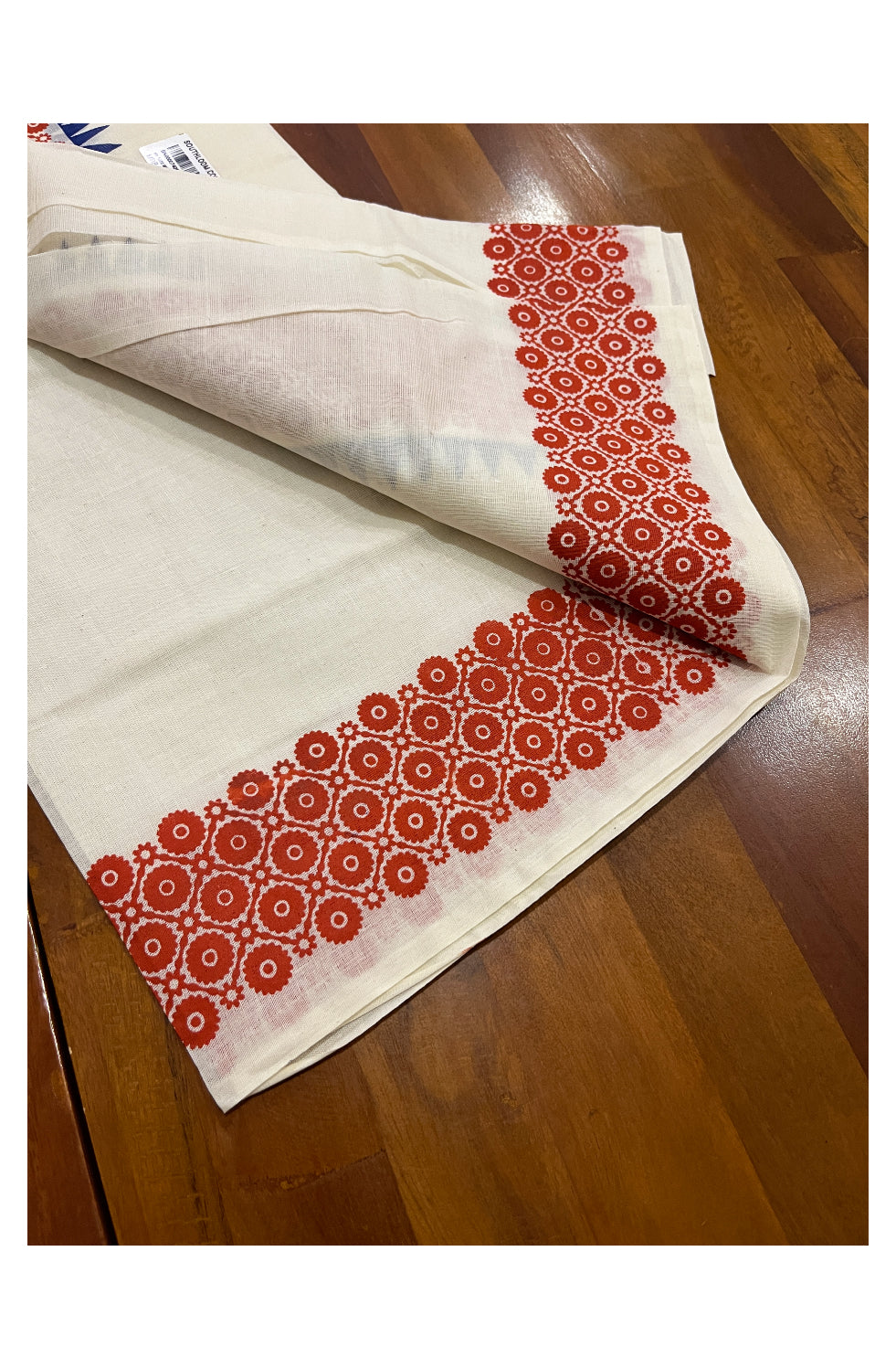 Kerala Cotton Set Mundu (Mundum Neriyathum) with Red Block Prints and Blue Temple Border