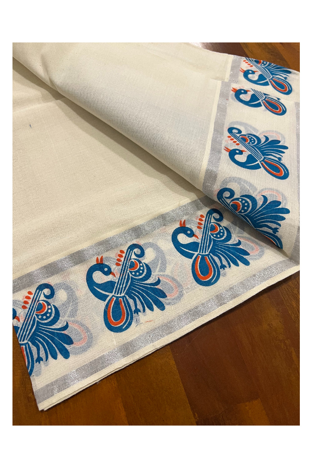 Kerala Cotton Silver Kasavu Set Mundu (Mundum Neriyathum) with Light Blue Peacock Block Print Border