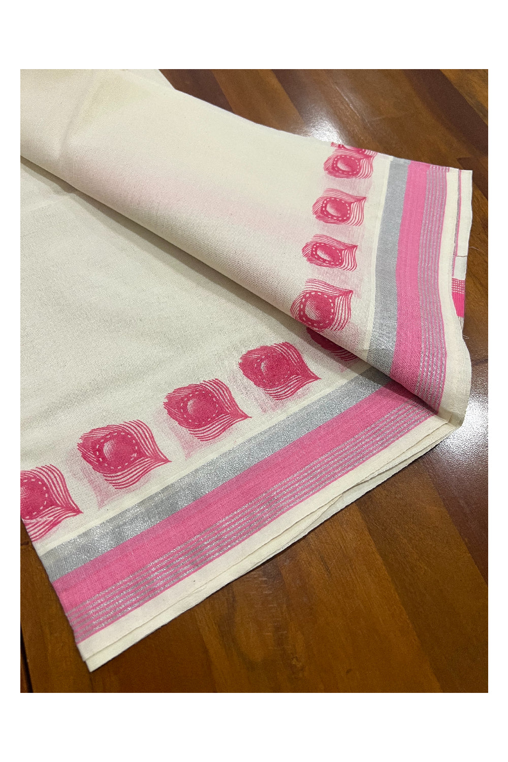 Pure Cotton Silver Kasavu Set Mundu (Mundum Neriyathum) with Pink Feather Block Prints on Border