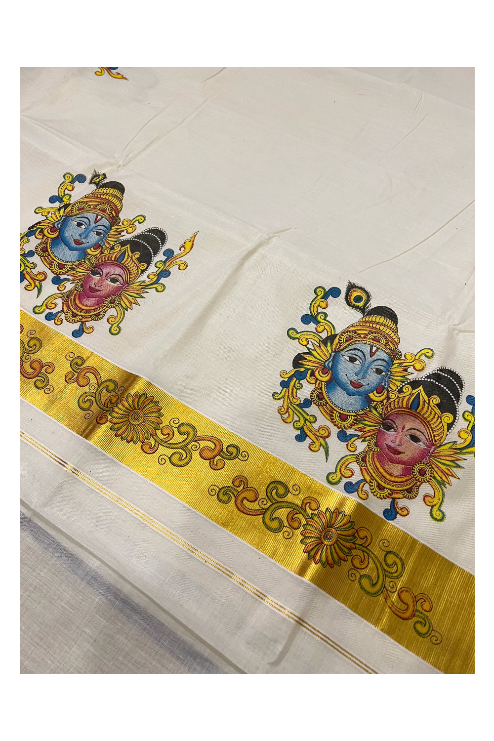 Pure Cotton Kerala Kasavu Saree with Mural Printed Krishna Radha Face Design