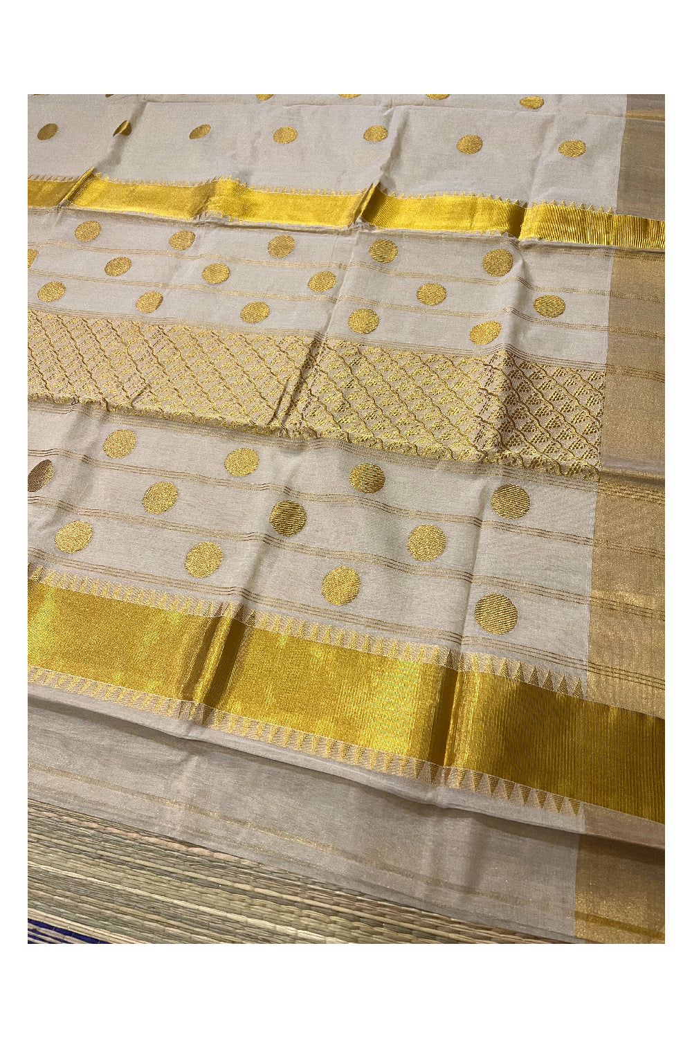 Southloom Onam 2022 Premium Handloom Tissue Kasavu Saree with Woven Polks Motifs