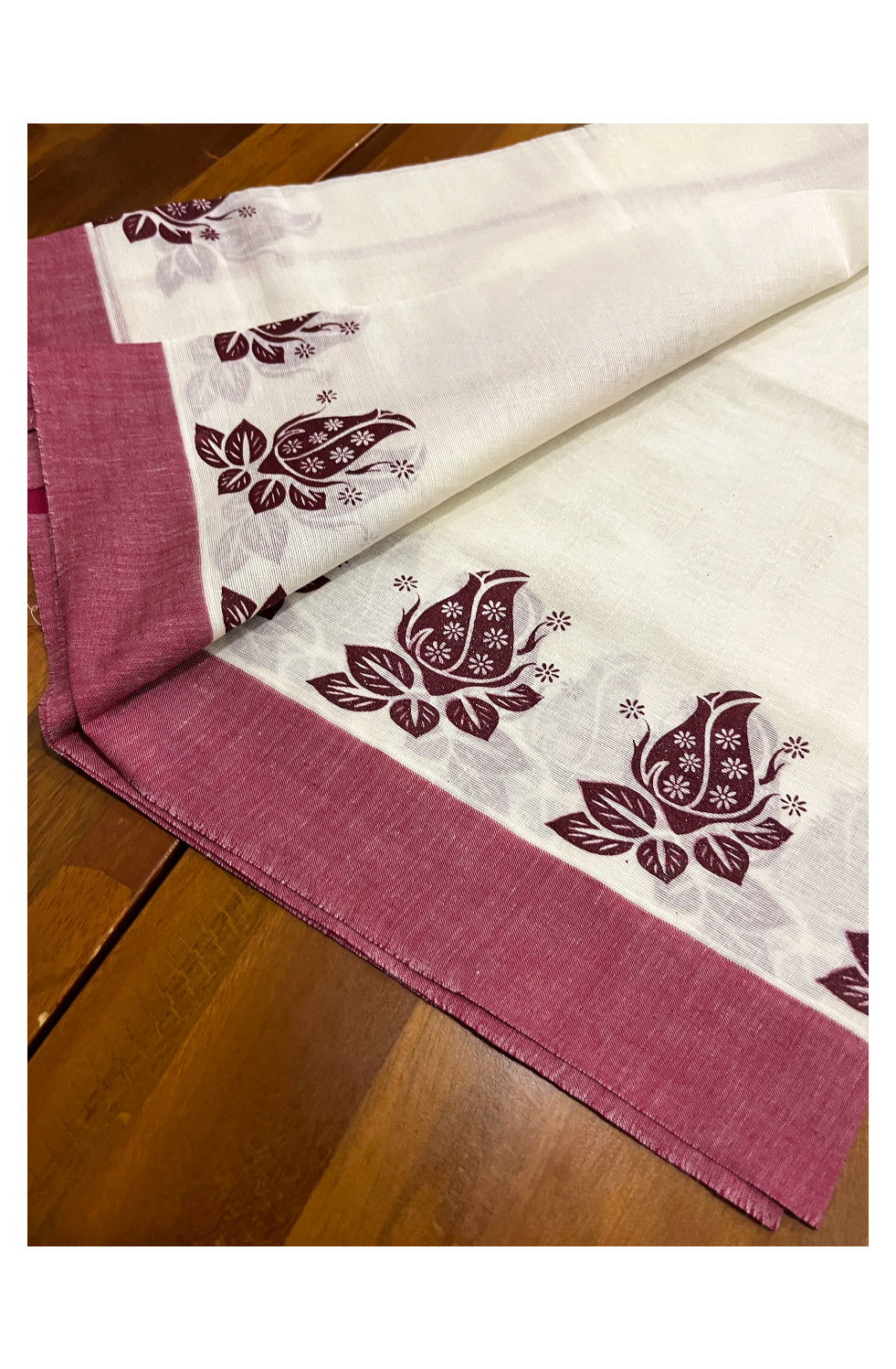 Kerala Cotton Set Mundu (Mundum Neriyathum) with Maroon Block Prints on Border