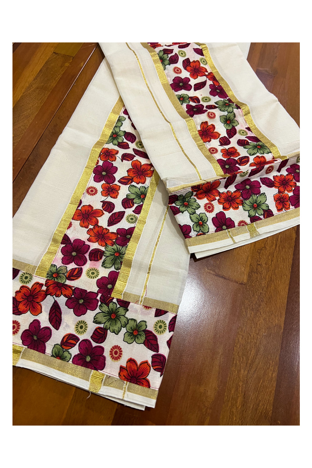 Kerala Cotton Kasavu Fusion Art Set Mundu (Mundum Neriyathum) with Floral Woven Figures on White Border 2.80 Mtrs