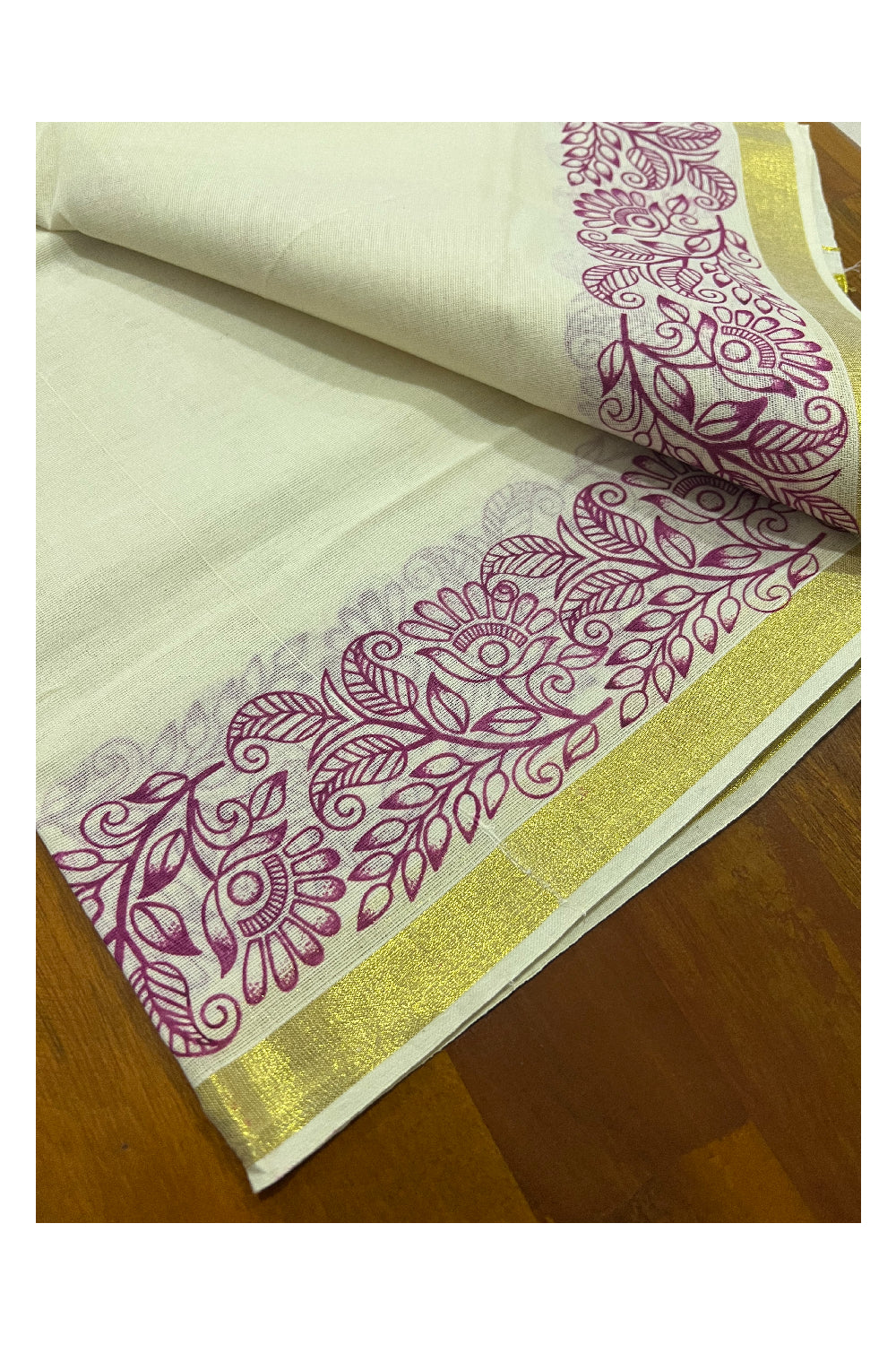 Kerala Cotton Kasavu Set Mundu (Mundum Neriyathum) with Magenta Floral Block Prints on Border